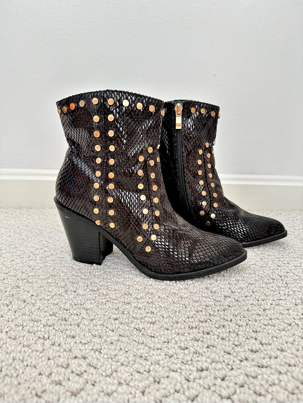 Embossed Snake Gold Studded Ankle Booties